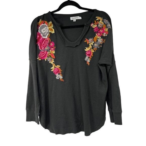 Time for Me Floral Embroidered Gray Waffle Knit  Long Sleeve Top - Picture 1 of 8